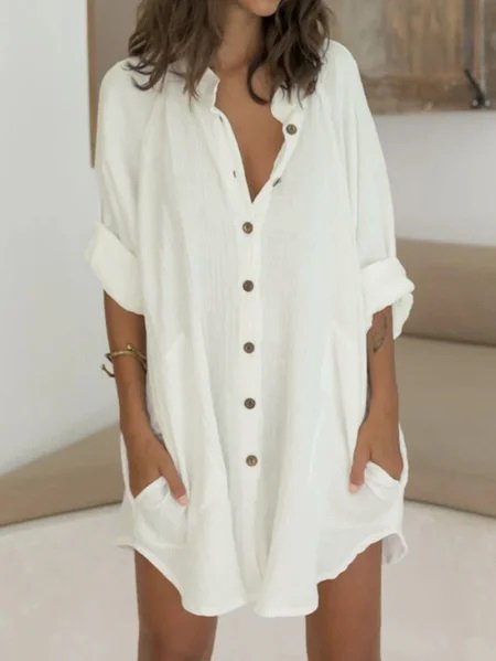 Vintage Half Sleeve Linen Plain Dress