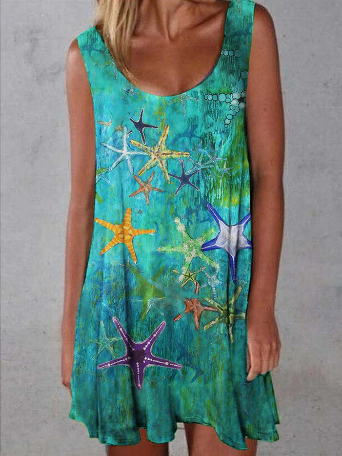 Crew Neck Designer oil painting starfish print dress