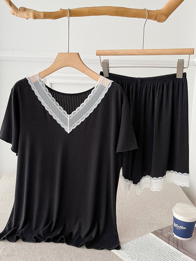 V Neck Lace Casual Homewear Set