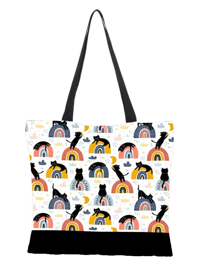 Cat Pattern Canvas Linen Shoulder Tote Bag Large Capacity