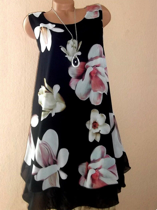 Floral-Print Crew Neck Cotton-Blend Sleeveless Weaving Dress