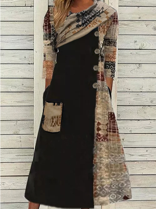 Cotton Blends Loosen Color Block Dress