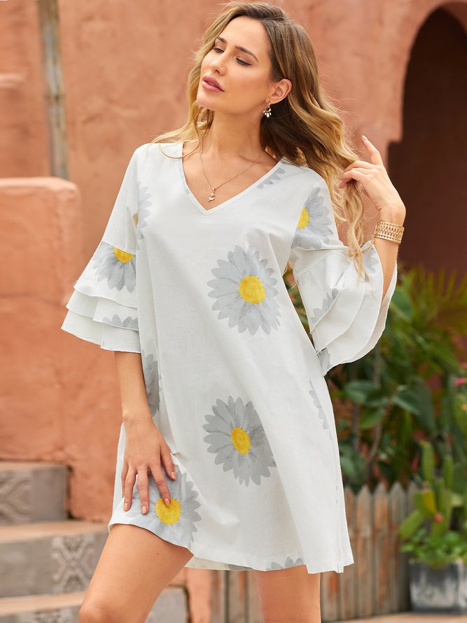 V Neck Cotton Floral-Print Casual Weaving Dress