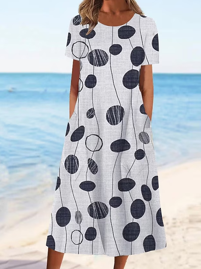 Crew Neck Cotton-Blend Casual Geometric Dress With No