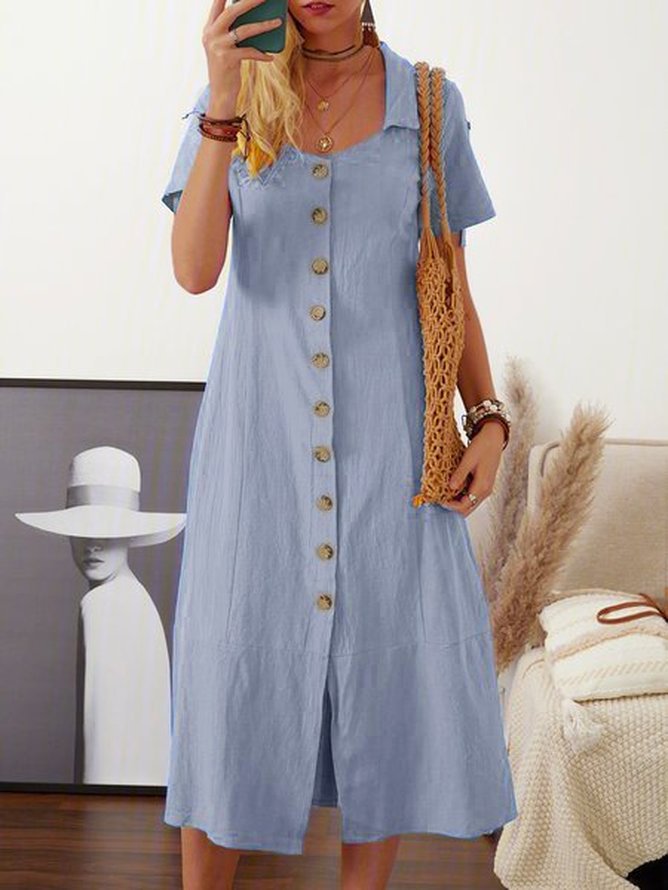 Linen Summer Buttoned Solid Maxi Shirt Dress