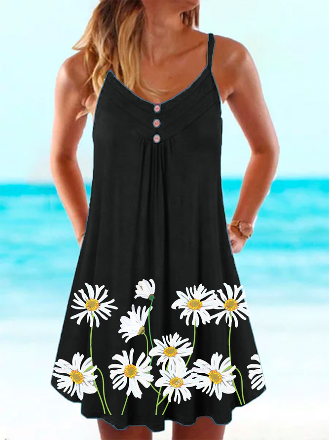 Black A-Line Boho Floral-Print Knitting Dress