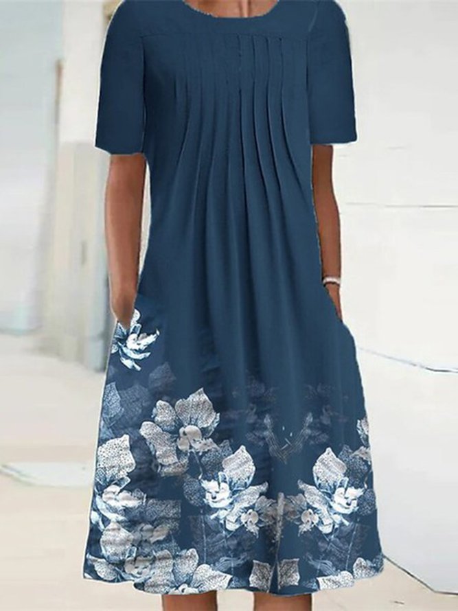 Crew Neck Floral Printed Casual Midi Dresses