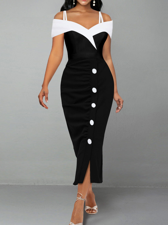 Split Off Shoulder Short Sleeve Black Bodycon Dress