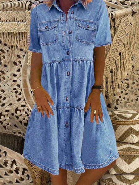 Sky Blue Denim Daily Casual Shirt Collar Short Sleeve Buttoned Pockets A-line Weaving Dress