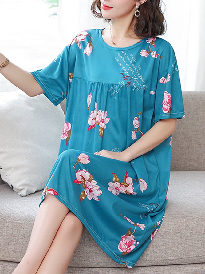 Loose Floral Crew Neck Casual Nightdress