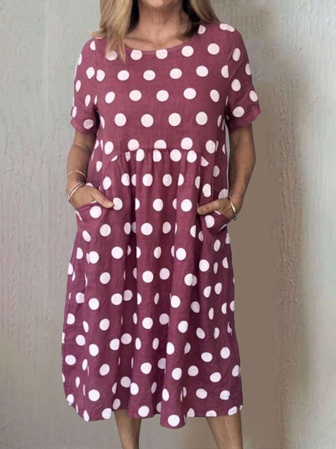 Women Polka Dots Pockets Casual Summer Weaving Smock Dress