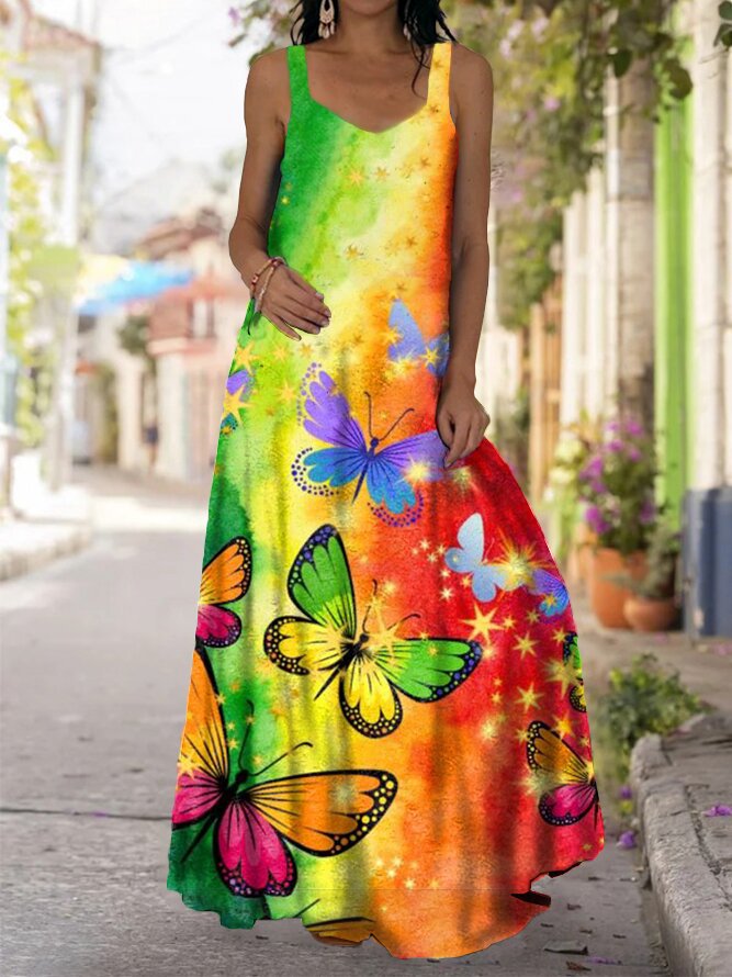 Tie-dye printed suspender casual and floor-length dress
