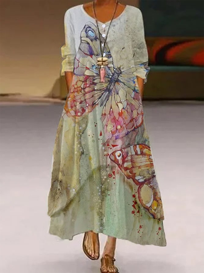 Cotton-Blend 3/4 Sleeve Casual Floral Dress