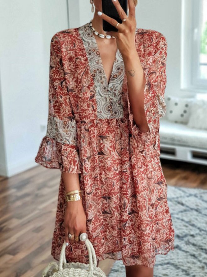 V Neck Women Dresses Date Cotton Smock Dress