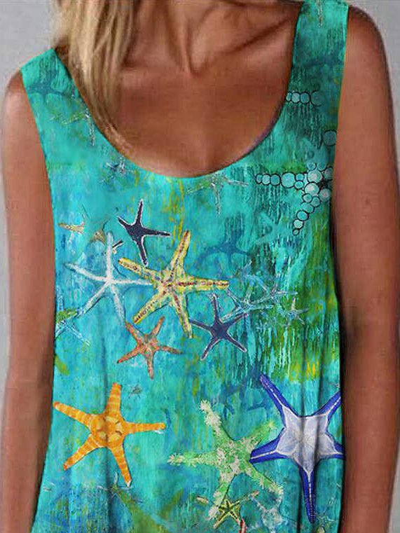 Crew Neck Designer oil painting starfish print dress