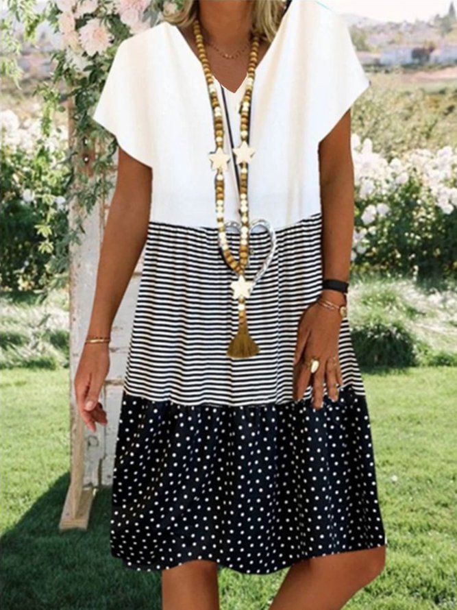 V Neck Colorblock Casual Mini Dresses