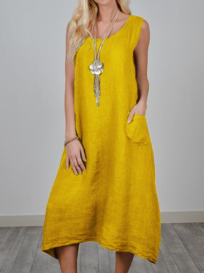 Women Summer Sleeveless Midi Weaving Dress Crew Neck A-Line Daily Cotton Plain Weaving Dress