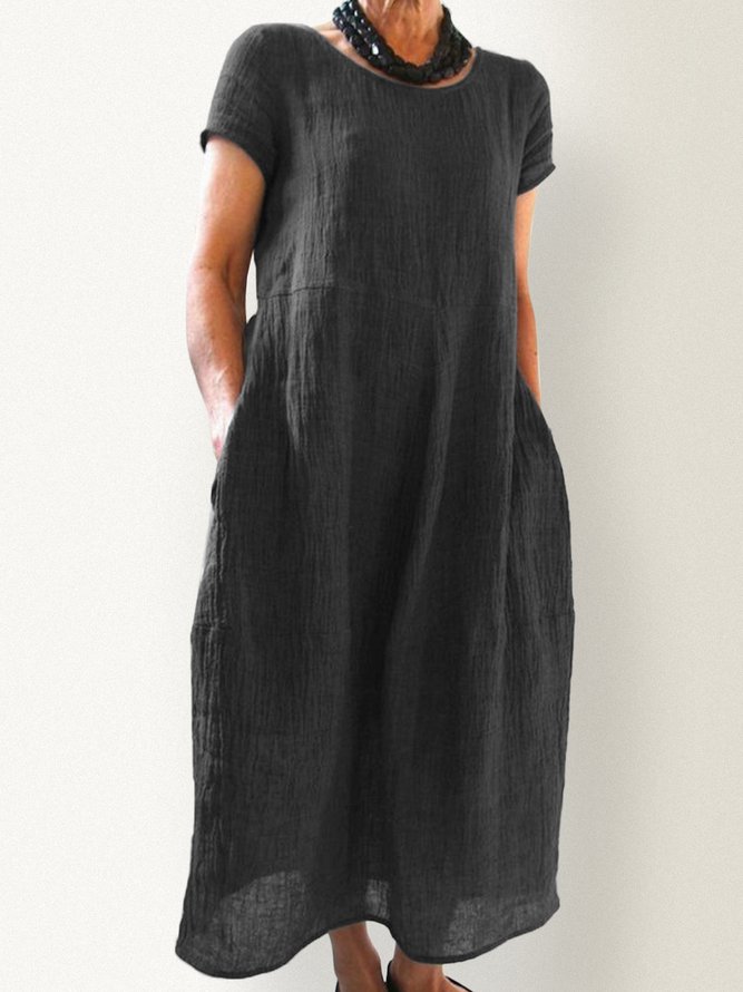 Summer Pockets Round Neck Shift Linen Dresses