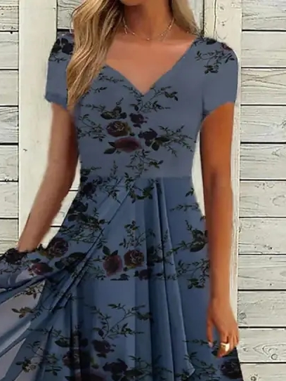V Neck Floral Regular Fit Casual Dress