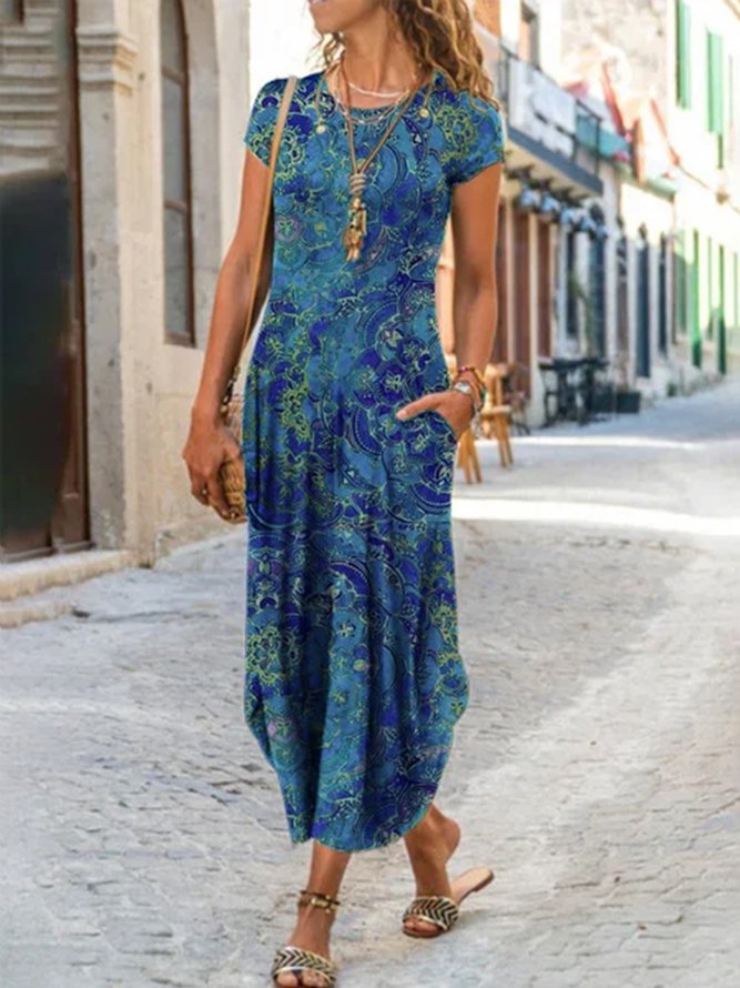 Round NeckPaisley Ombre Vacation Maxi Dress