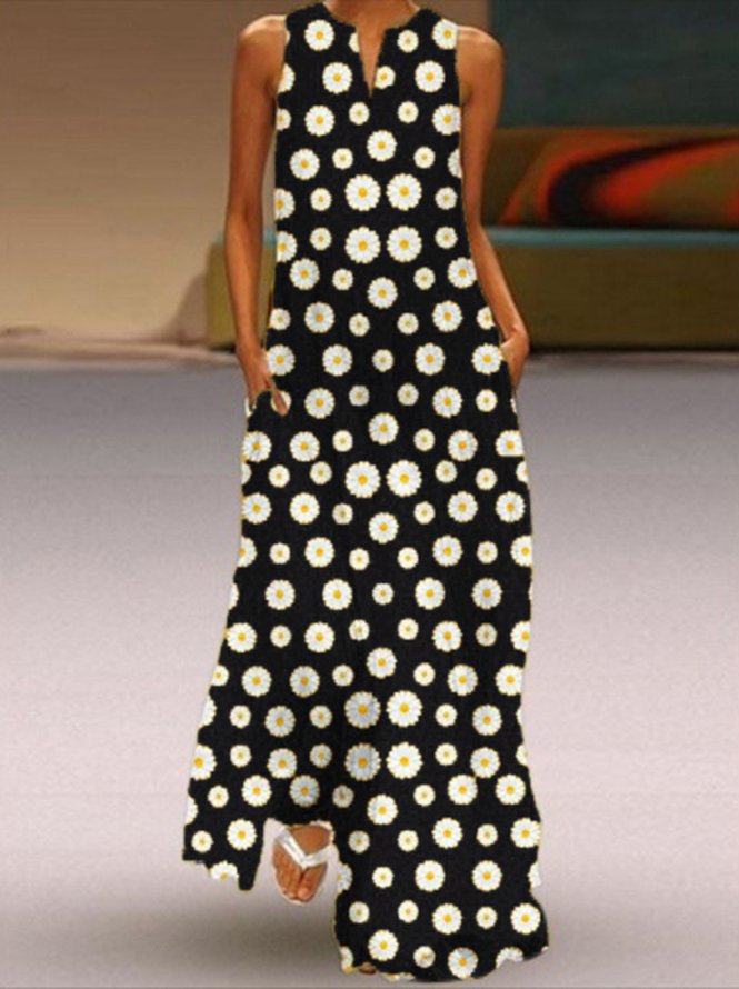 Daisy Print Casual Sleeveless Maxi Weaving Dress