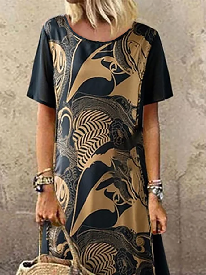 Round Neck Tribal Casual Midi Dress