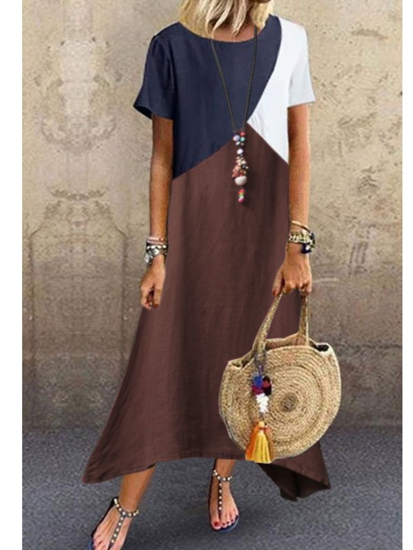 Crew Neck Brown Women Shift Beach Cotton-Blend Shift Color-block,Leather-paneled Weaving Dress
