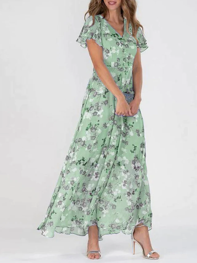 Women's Holiday sage green Dress Floral Chiffon Skirt Short Sleeve Floral Ruffle Spring Summer V Neck Fashion Daily Dating Vacation