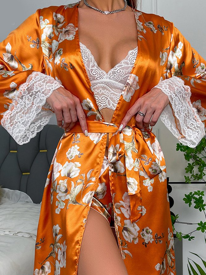 Sexy Lace Floral Silk Pajamas Three-Piece Set