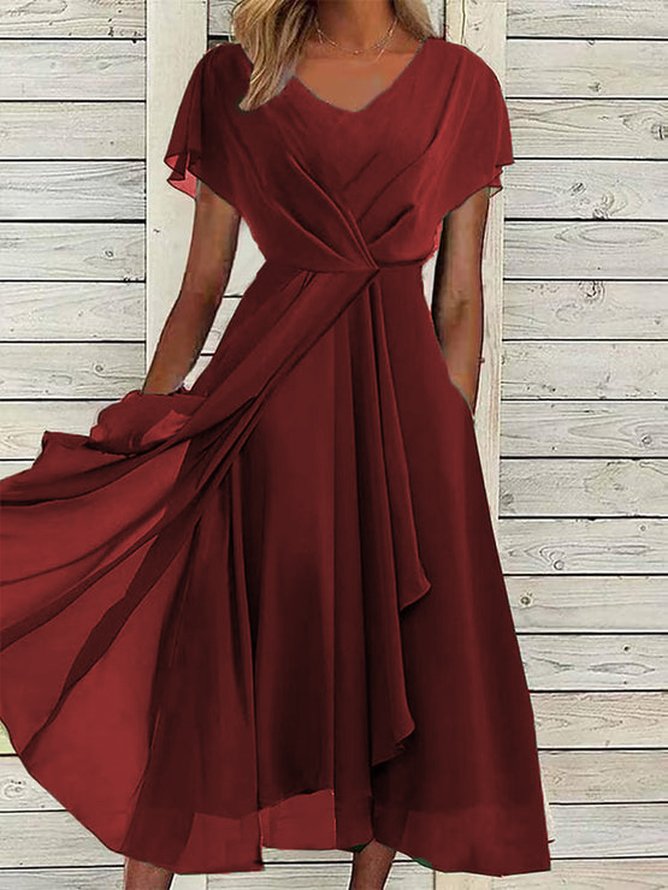 V Neck Elegant Chiffon Plain Dress