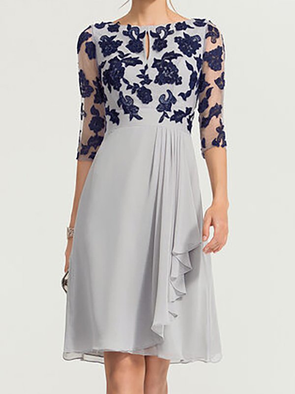 Crew Neck Frill Sleeve Vacation Floral Short Sleeve Woven Prom Dress