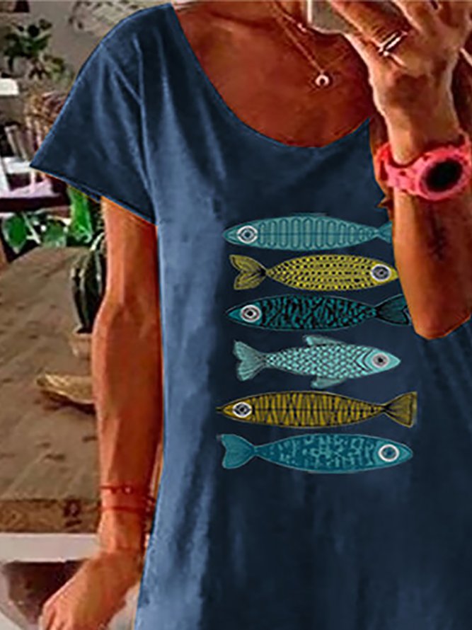 Cartoon Fish Print Short Sleeve Split Dress