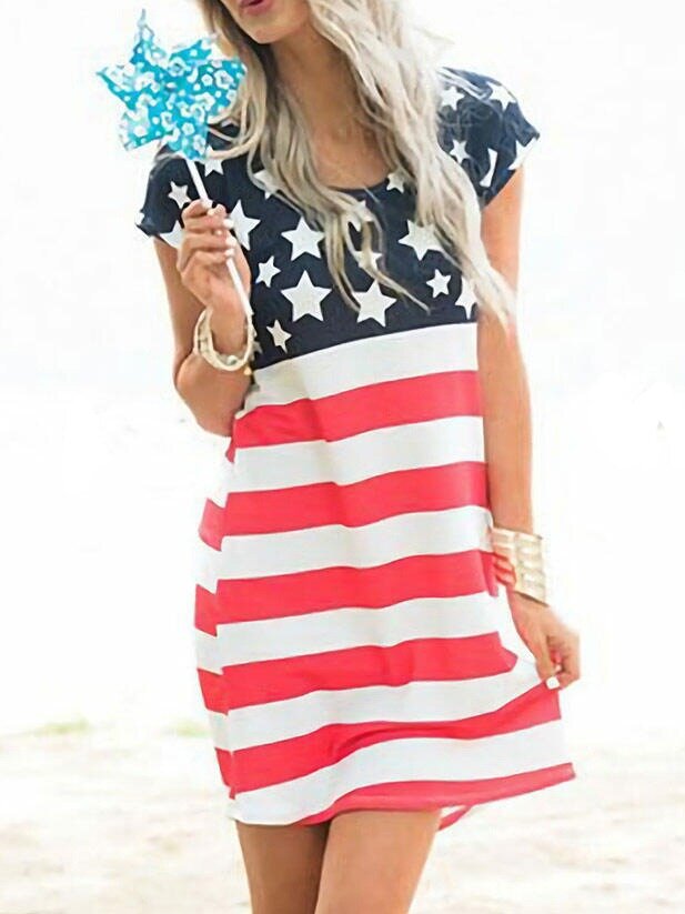 Flag Cotton-Blend Casual Short Sleeve Knitting Dress