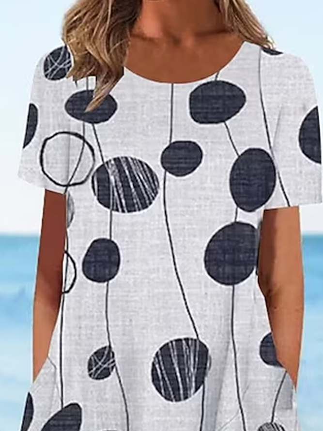 Crew Neck Cotton-Blend Casual Geometric Dress With No