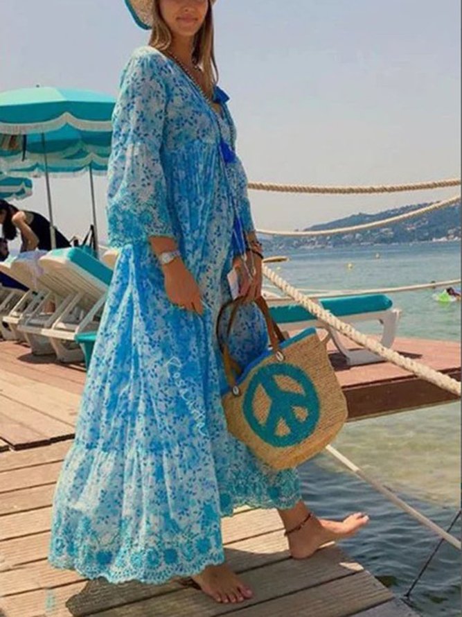 Cotton-Blend Holiday V Neck Weaving Dress