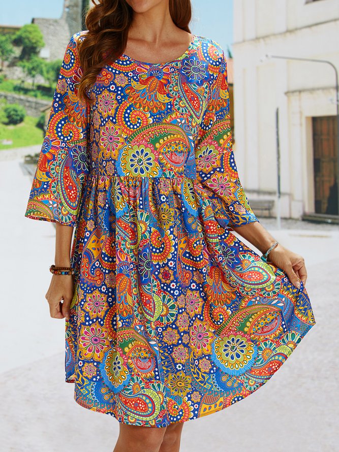 Floral Crew Neck Casual Short Sleeve Women Smock Dress