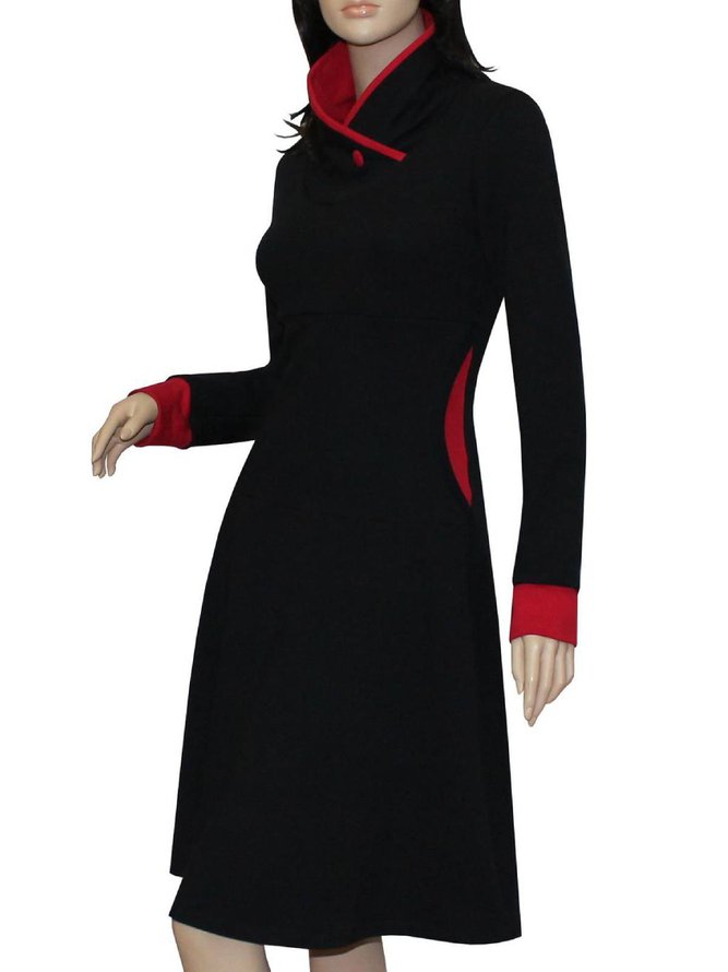 Black Stand Collar Solid Long Sleeve Casual Knitting Dress