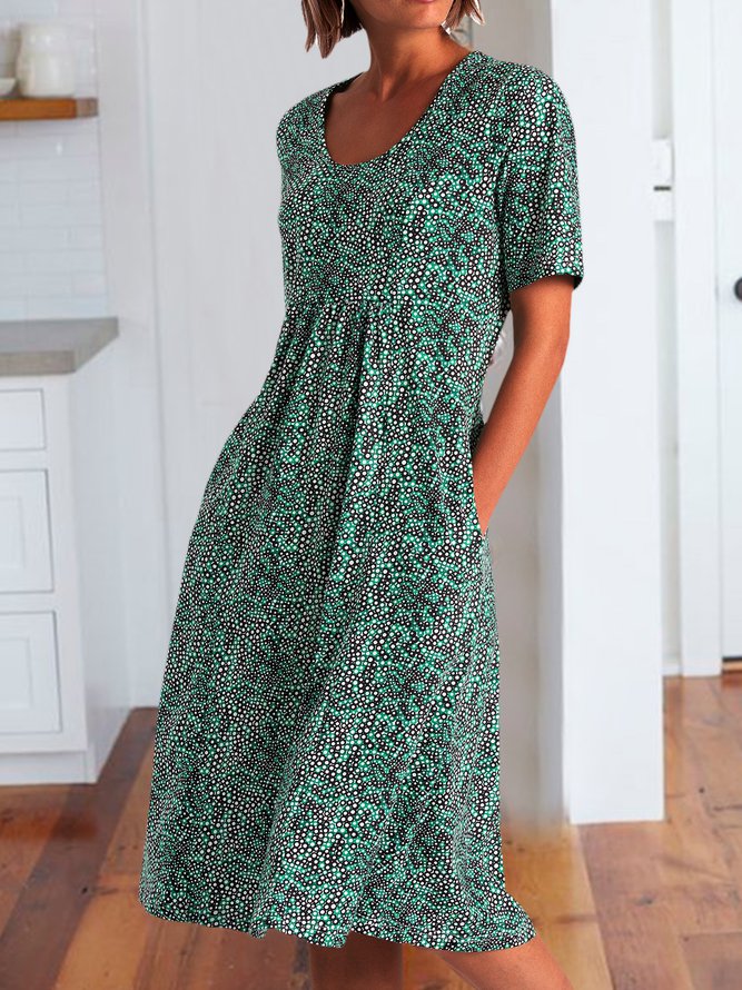 Women Fashion Summer Printed Midi Dress Crew Neck Dresses