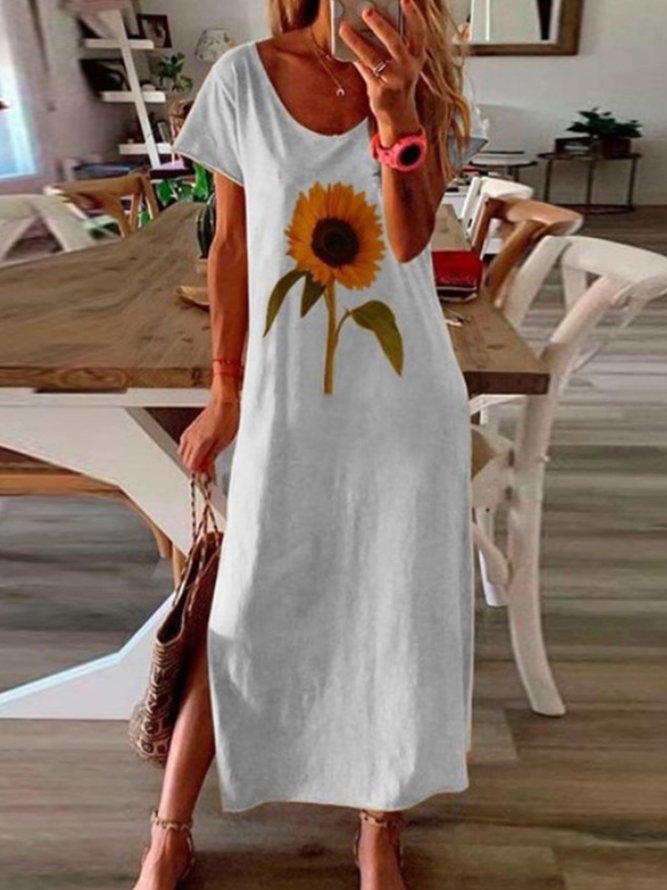 Vintage Boho Sunflower Printed Plus Size Short Sleeve Crew Neck Casual Knitting Dress