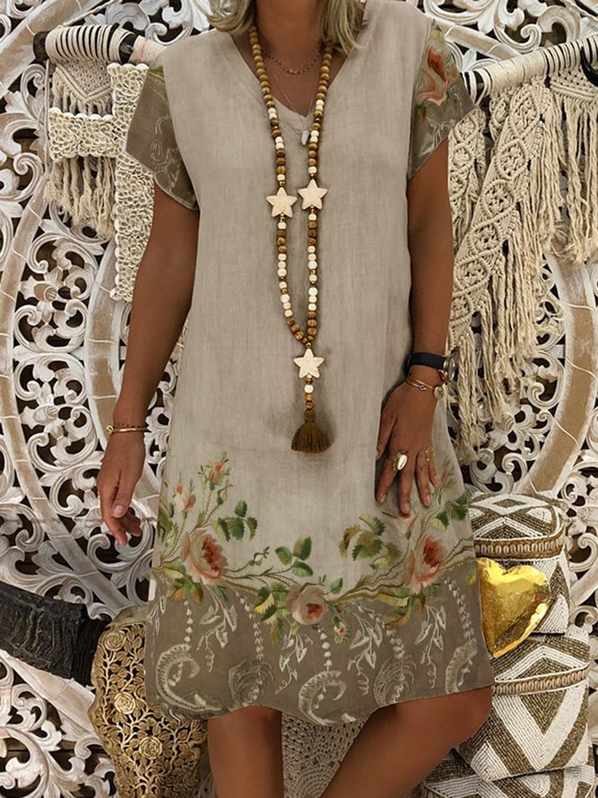 V Neck Floral Vacation Mini Dress