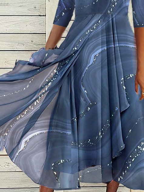 V Neck Casual Asymmetric Geometric Ombre Midi Prom Dress