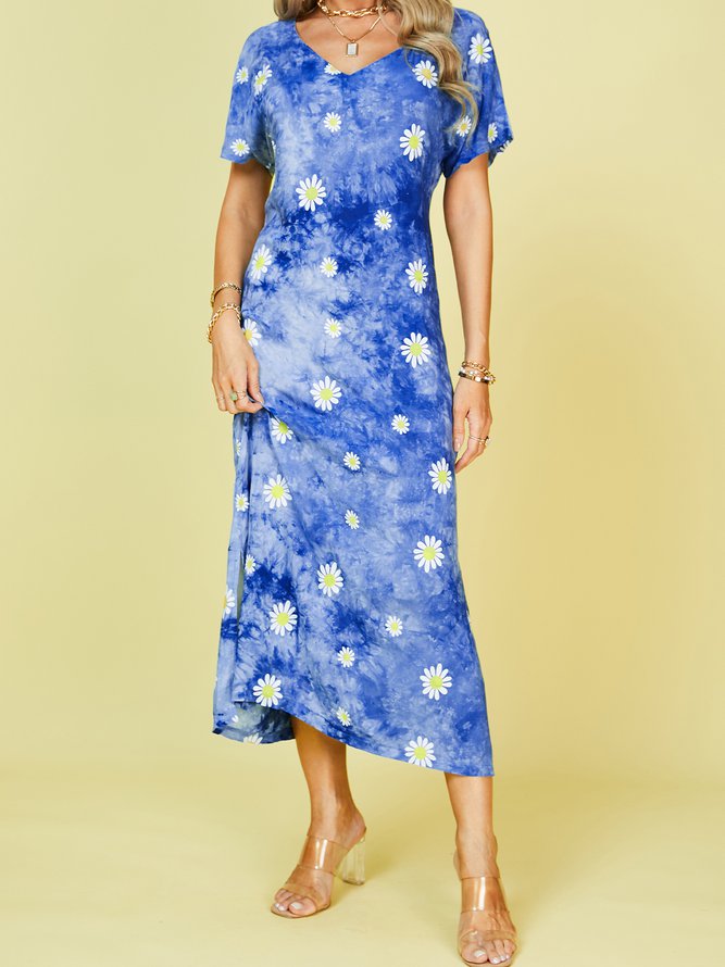 Blue Purple Ombre/tie-Dye Short Sleeve Shift Crew Neck Knitting Dress