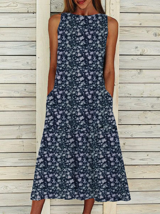 Ditsy Floral Boatneck Sleeveless Casual Midi Dresses