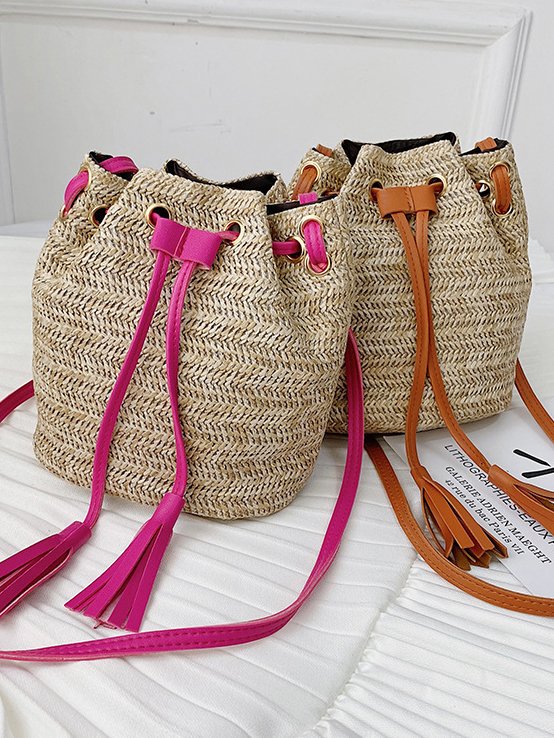 Casual Straw Drawstring Crossbody Bag Women's Shoulder Bag Urban Vacation