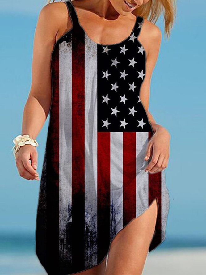 Flag Printed Crew Neck Holiday Sleeveless Knitting Dress