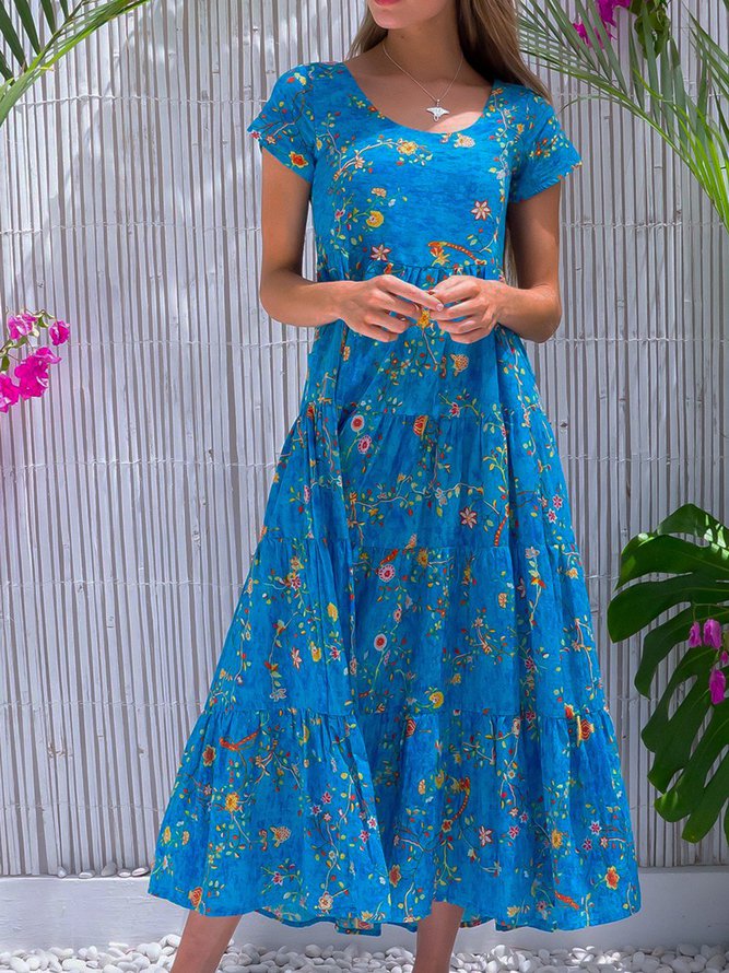 Blue Cotton-Blend Sleeveless Casual Weaving Dress