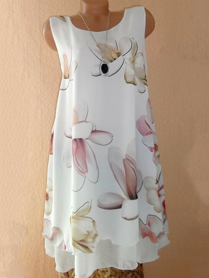 Floral-Print Crew Neck Cotton-Blend Sleeveless Weaving Dress