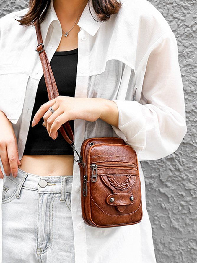 Antique Soft Leather Zip Multi Pocket One Shoulder Crossbody Bag