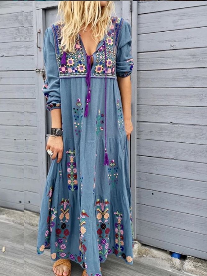 Women Casual Patchwork Cotton-Blend V Neck Maxi Dresses