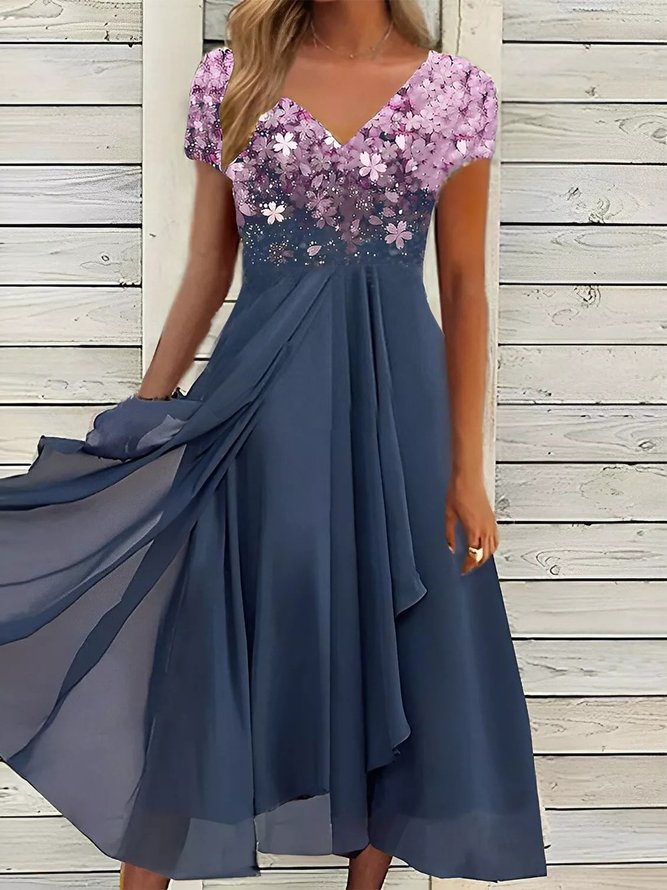 Elegant V Neck Floral Garden Party Dress